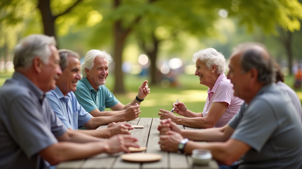 Grupo diverso de adultos mayores caminando juntos en un parque soleado, sonriendo, actitud positiva y energética