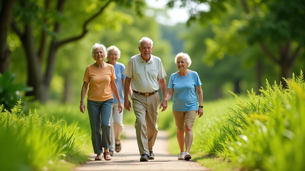 Grupo de adultos mayores caminando en la naturaleza