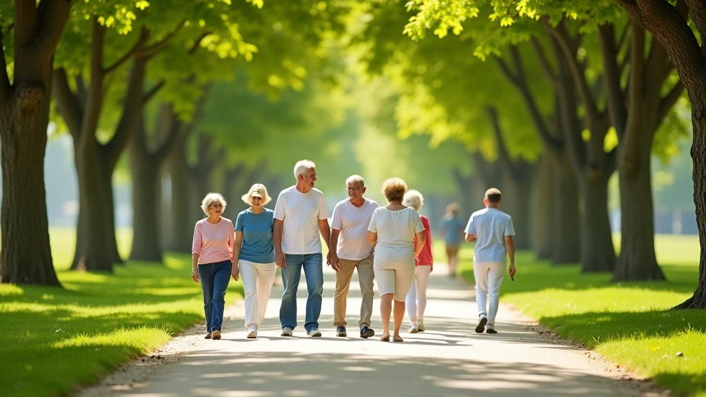 Jubilados caminando en el Parque del Tercer Milenio rodeados de árboles verdes y senderos bien marcados