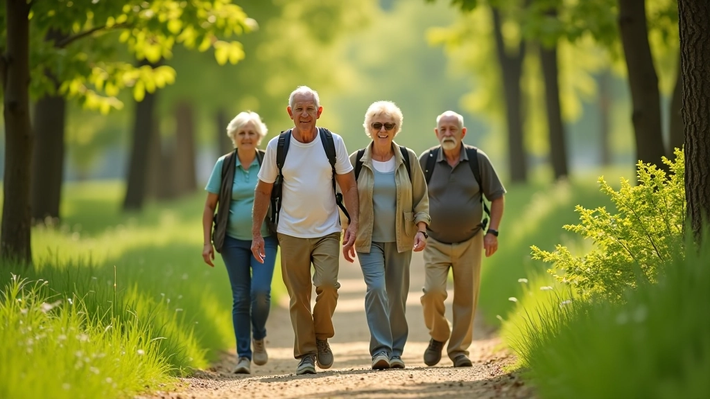 Grupo de personas jubiladas caminando por un sendero en el parque rodeado de árboles y vegetación verde