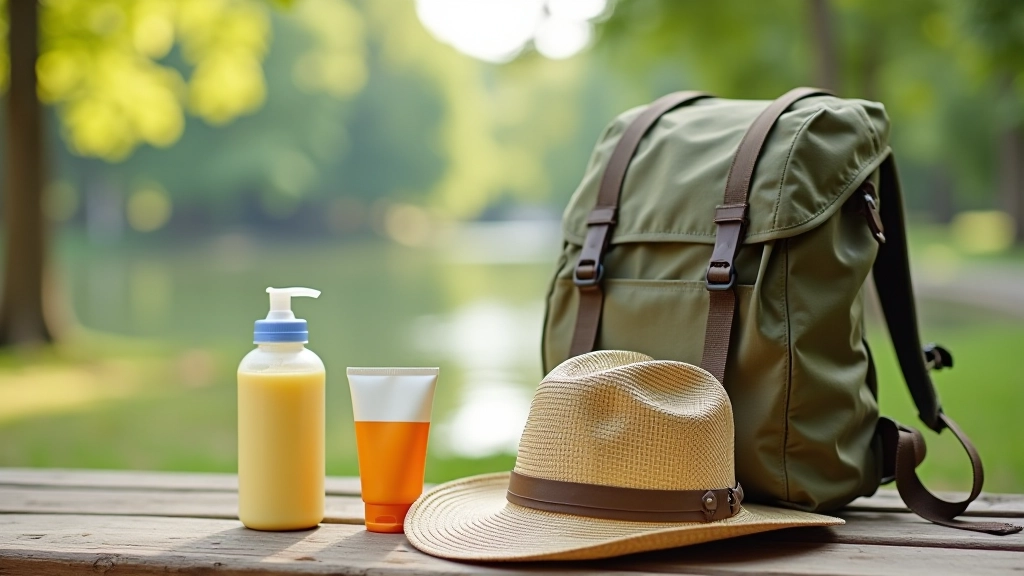 Botella de agua reutilizable, sombrero de ala ancha y protector solar sobre una mochila en un banco del parque