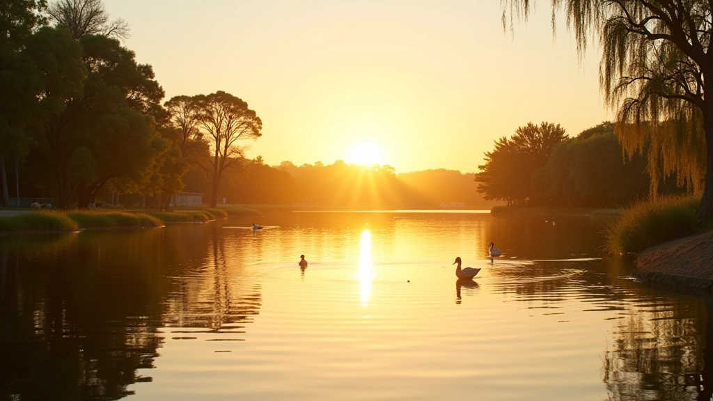 Laguna del Condado al atardecer con aves acuáticas reflejadas en el agua tranquila
