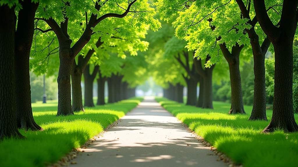 Sendero bien marcado en el parque con árboles altos a ambos lados y luz solar filtrándose entre las ramas