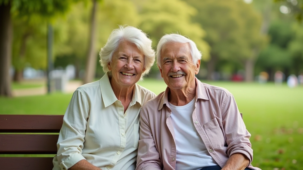 Pareja de jubilados sonriendo en un banco del parque con vista a los árboles y el cielo despejado