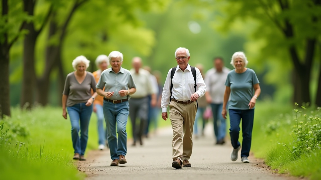 Grupo de jubilados disfrutando de caminatas por el parque con vegetación exuberante de fondo