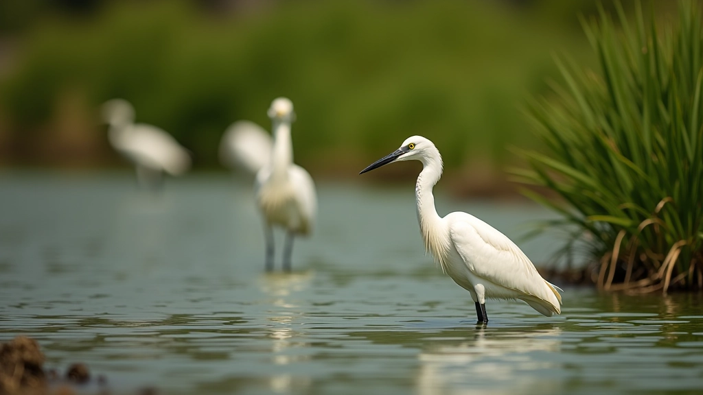 Aves acuáticas incluyendo garzas, ibis y flamencos en hábitat natural de la laguna